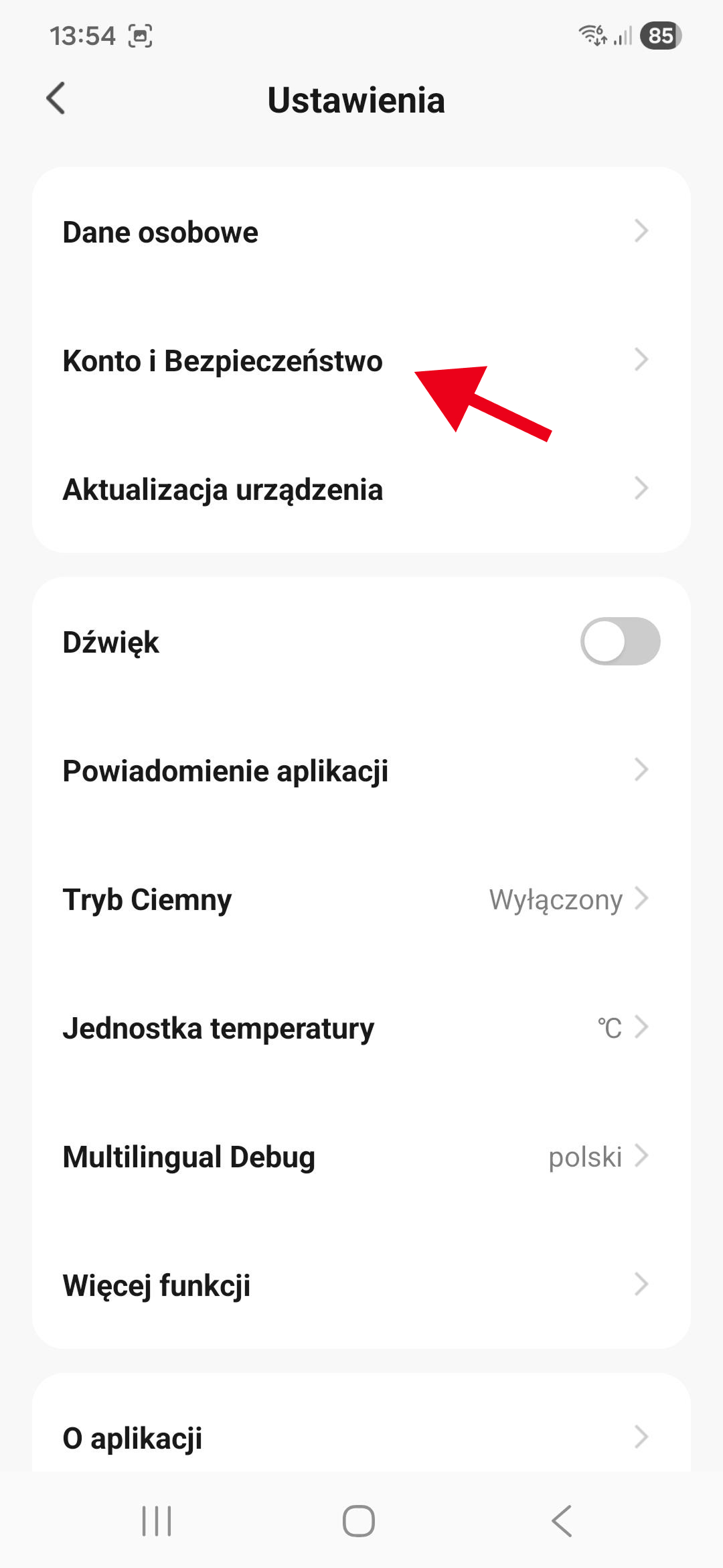 Odszukaj sekcję dotyczącą konta