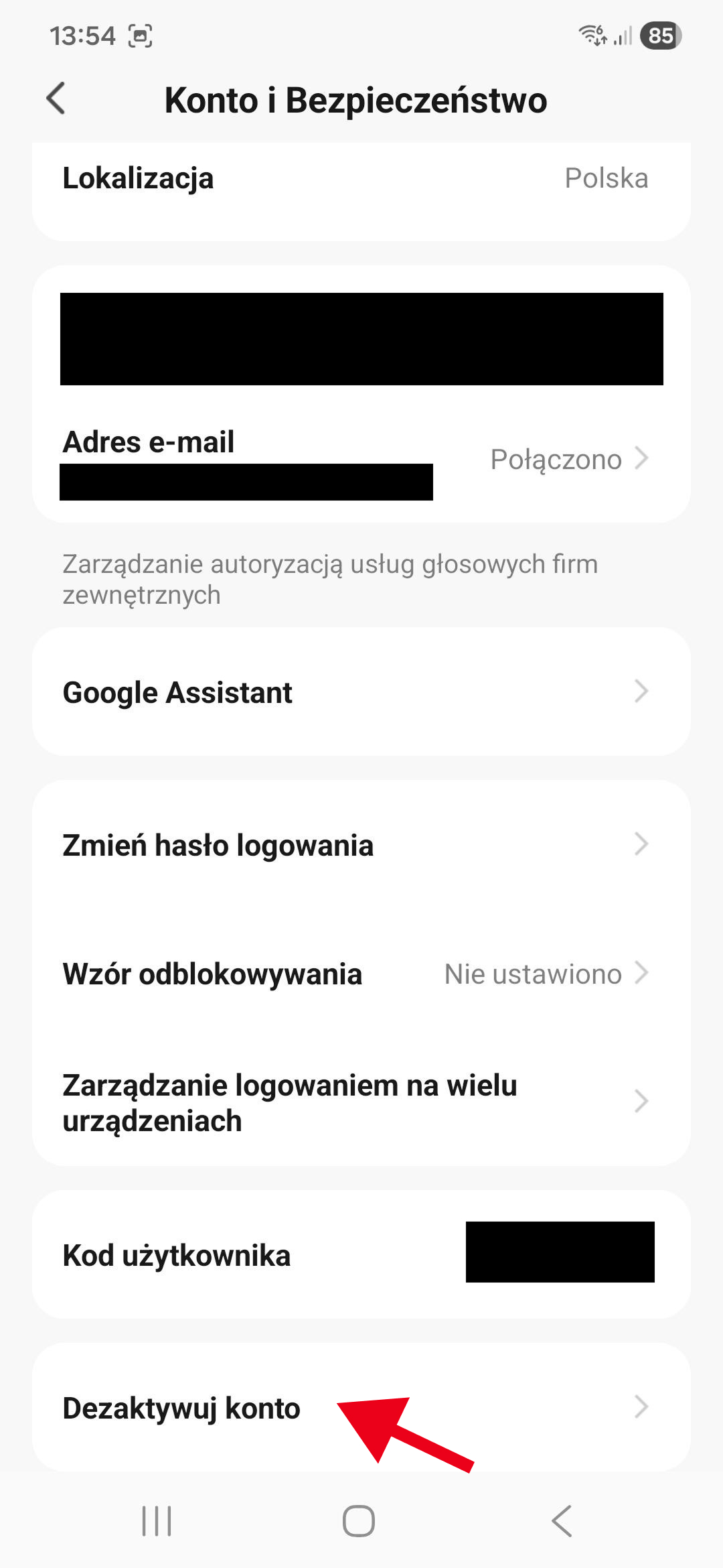 Wybierz 'Dezaktywuj konto'