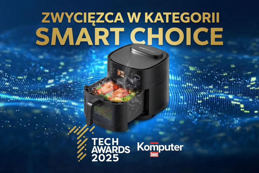 Frytkownica beztłuszczowa GÖTZE & JENSEN AF850T AI Air Fryer Grafika promocyjna przedstawiająca czarną frytkownicę beztłuszczową Götze & Jensen – zwycięzcę Tech Awards 2025 w kategorii Smart Choice.