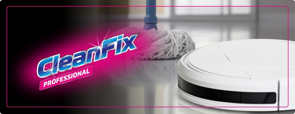 Obraz przedstawia logo \'CleanFix Professional\' na tle mopa i robota sprzątającego na błyszczącej podłodze.